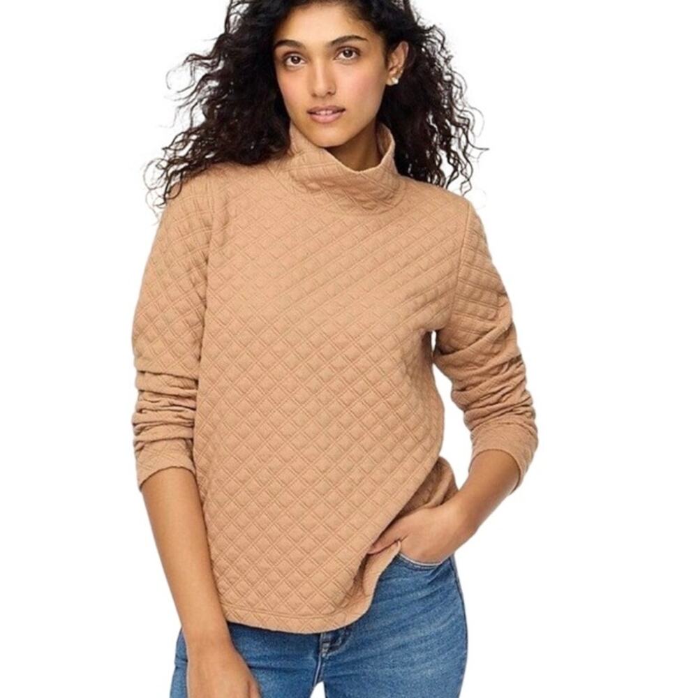 J. Crew Tan Mockneck Quilted Pullover Top‎ MEDIUM Neutral Minimalist Chic Basic